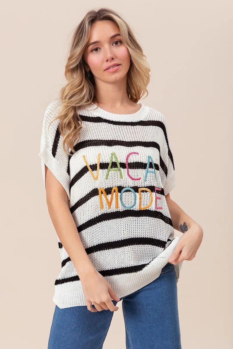 BiBi Vacay Mode Lettering Drop Shoulder Striped Sweater - Bela Fils BoutiqueBela Fils Boutique